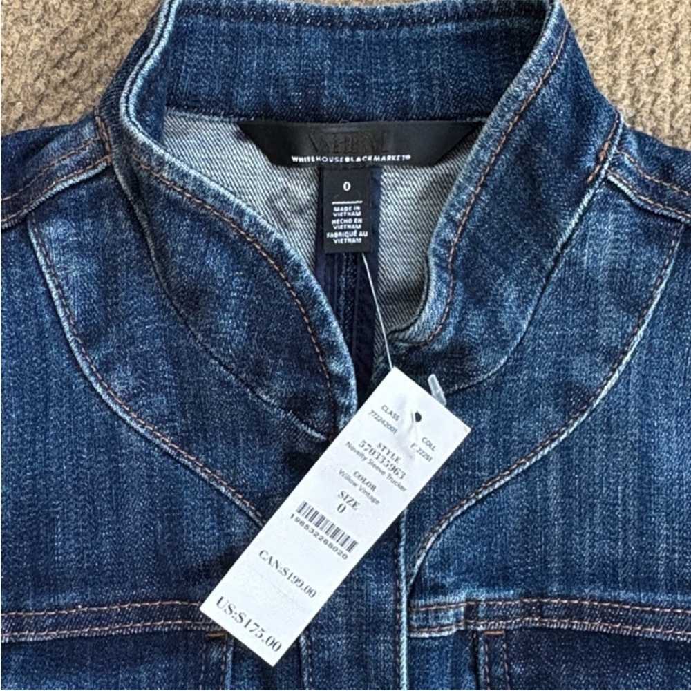 NWT White House Black Market
Novelty Sleeve Trucker Jean Jacket
Size 0 Rtl. $175 - Picture 5 of 10